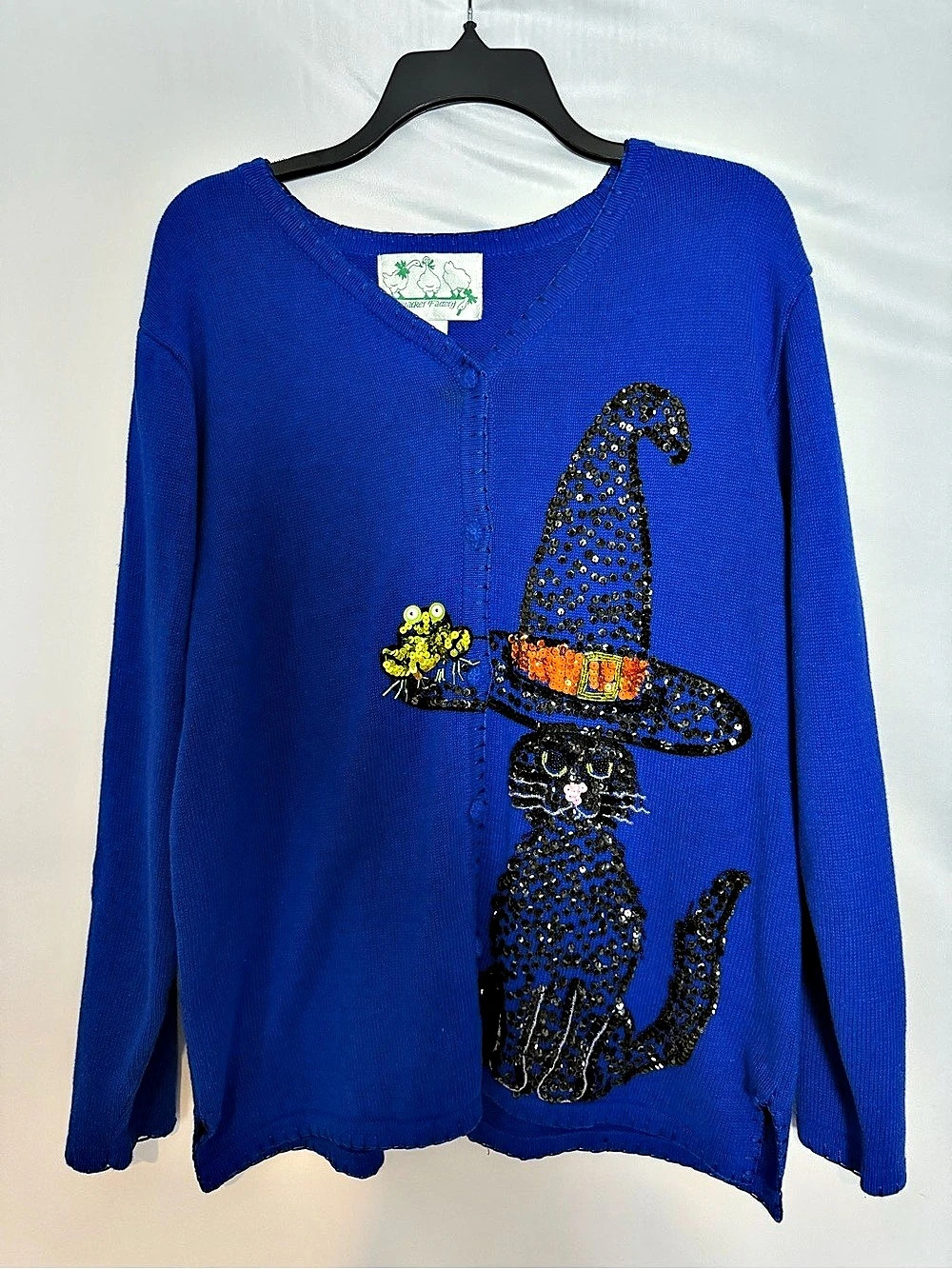 The Quaker Factory Sweater Women's Size Large Blue Knit Sequined Black Cat